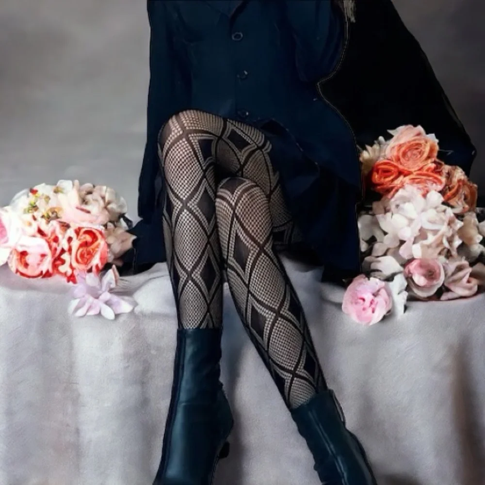 Argyle Jacquard Hollow Out Tights High Waist Comfy Pantyhose Black One Size‎